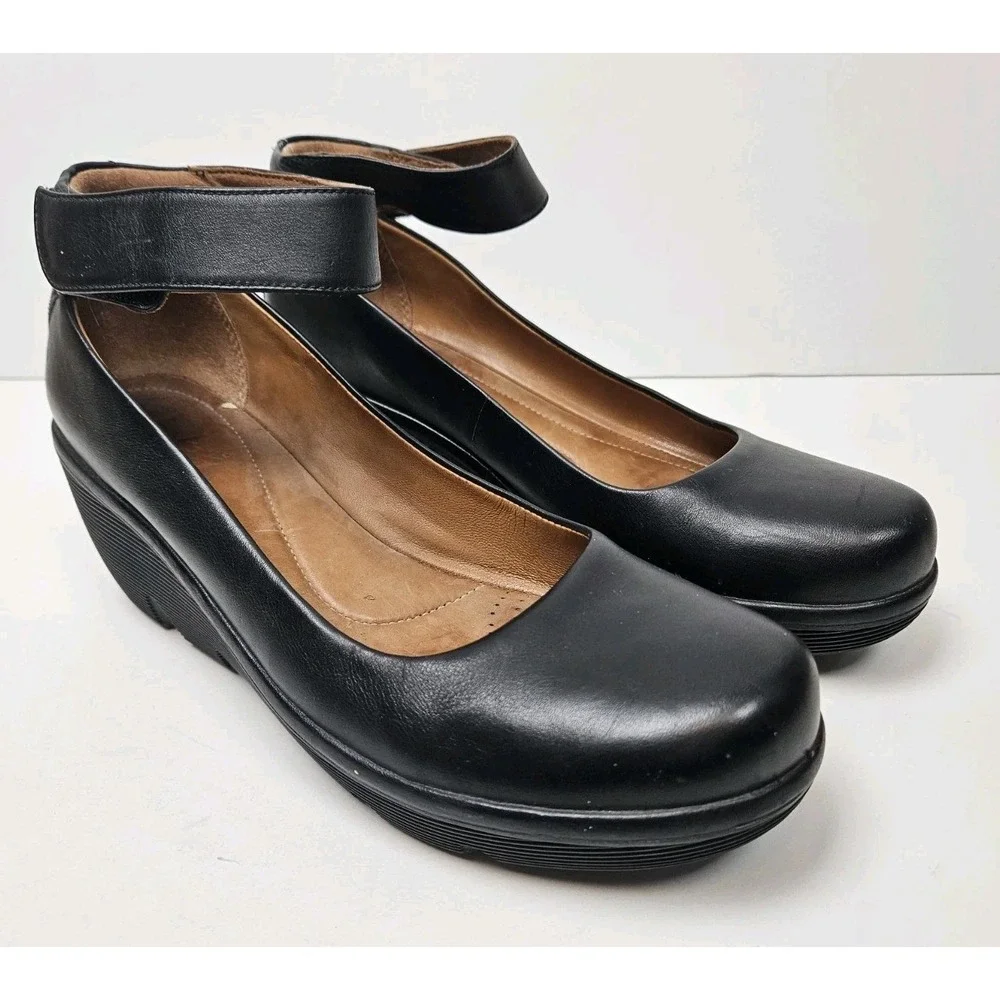 Clarks Black Clarene Tide Platform Wedge Shoes 9.5 Pumps Ankle Straps Leather